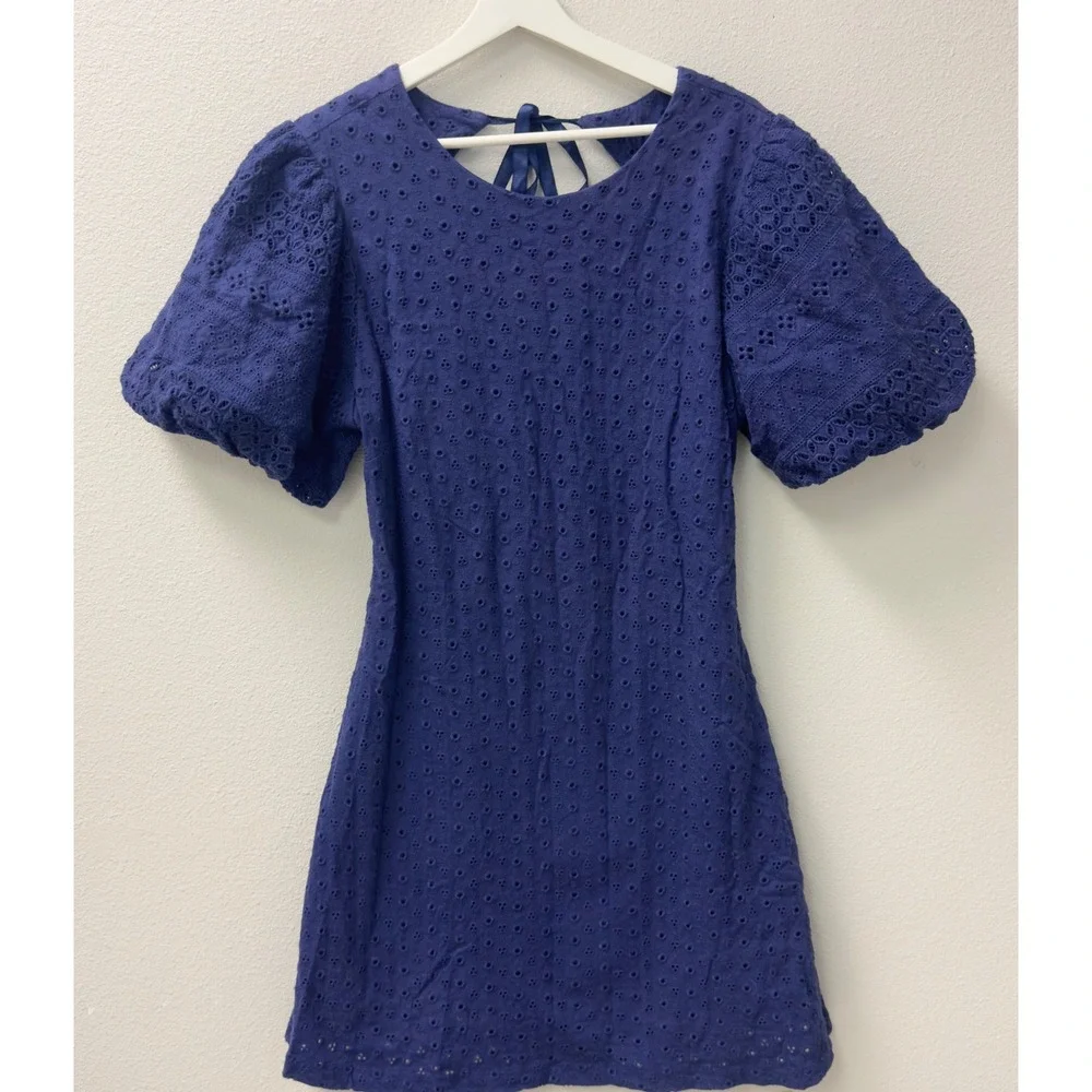 Free People Eyelet Mini Dress Large Navy Blue Open Back Puff‎ Sleeve Cottagecore